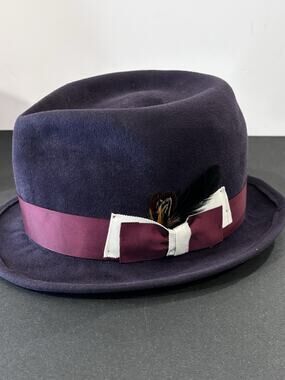 Handmade Men’s Plum Purple Fedora Hat Large XL 23-24" Felt Feather Ribbon